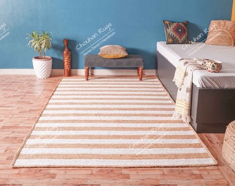 Alfombra bohemia de yute natural trenzada a mano con rayas blancas, alfombra grande, ecológica, alfombra turca