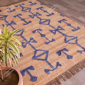 Hand Woven Beige with Blue Design Wool Jute Kilim Rug Flatweave Rug Indian Dhurrie Rug Navajo Kilim Rug Large Area Kilim Rug Handmade Rug