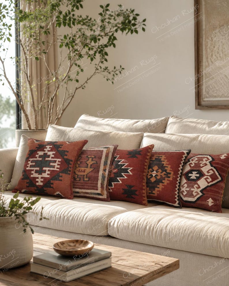 May include: Five square throw pillows arranged on a light-colored sofa. Each pillow features a distinct geometric pattern in shades of rust, terracotta, black, and cream. The designs include diamond motifs, stepped borders, and stylized animal figures.