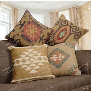 Lot de 4 oreillers en kilim vintage en jute, décoration d'intérieur, oreiller turc tissé à la main, oreiller marocain, coussin décoratif, housse de coussin en kilim, oreiller en jute image 5