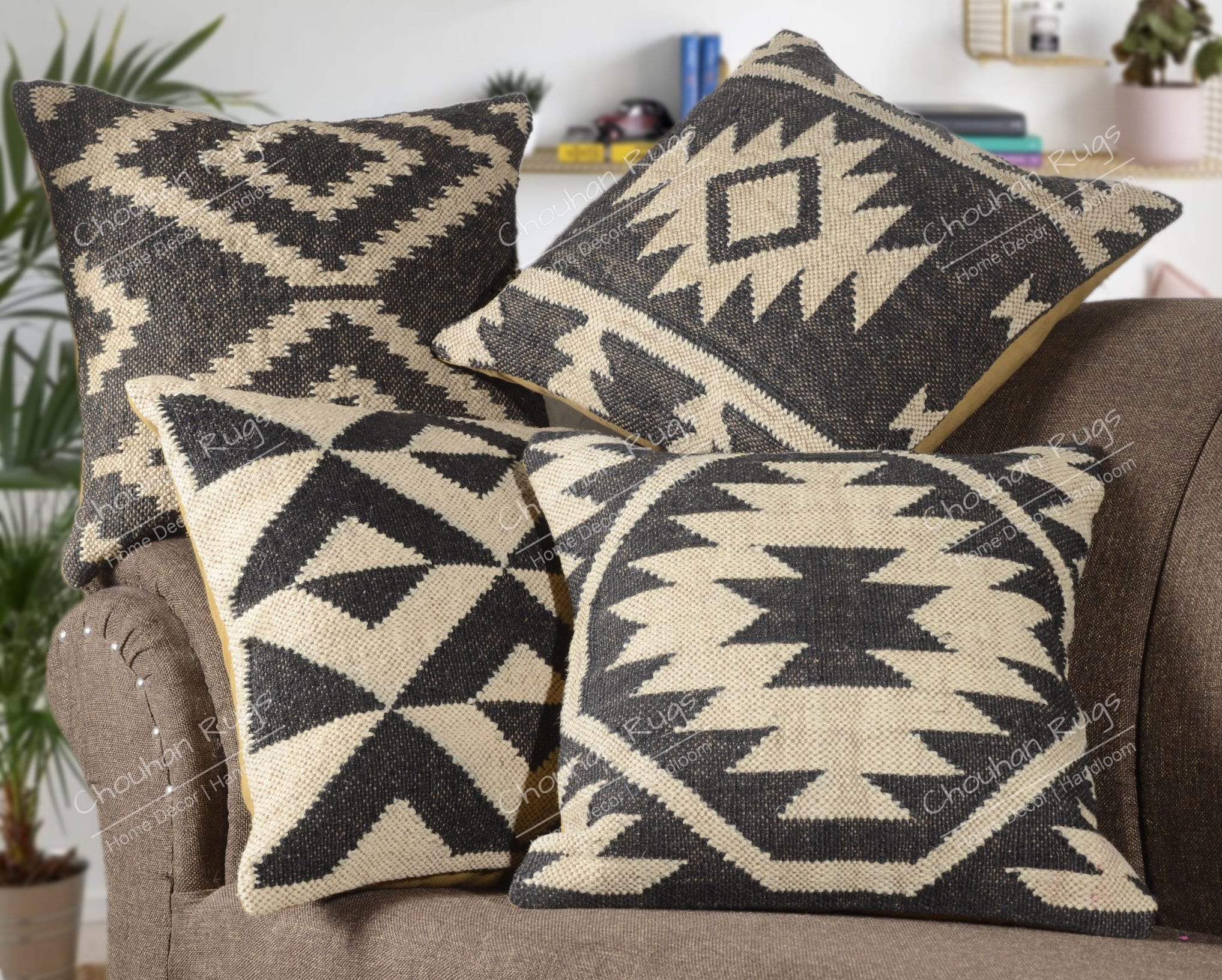 Tommy Pillow 24 - Natural Wool Hand Loomed Ivory and Brown Indian Pillow, Decorative  Pillows