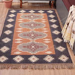 Wool and Jute Rug Handmade, Kilim Dhurrie Rug, Traditional Indian/WOOL JUTE RUGS