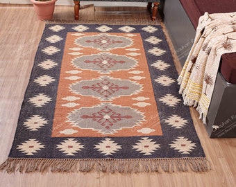 Wool and Jute Rug Handmade, Kilim Dhurrie Rug, Traditional Indian/WOOL JUTE RUGS