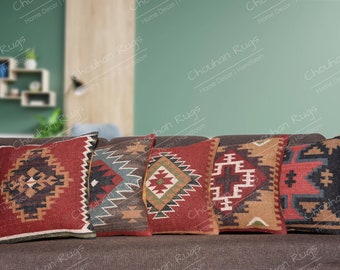 5 Set jute Vintage Kilim Kussen, Decor van het huis, Handgeweven Turks kussen, Marokkaans kussen, Decoratief sierkussen, Kilim Kussenhoes, Jute Kussen