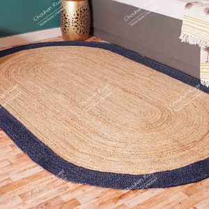 Custom Size Hand Braided Natural Jute Oval Rug Navy Blue Border Indian Braided Design Bohemian Rag Rug Eco Friendly Home Decor Large Rug