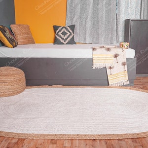 Indian Handmade Braided White Oval Jute Rug with Beige Border, Vintage Area Rug, Rag Rug, Large Area Oval Jute Rug Boho Home Decor Rug