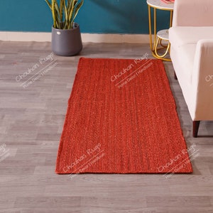 Indian Hand Braided Red Jute Runner Rug, Bohemian Jute Rug, Jute Runner Rug, Natural Fiber Runner Rug,