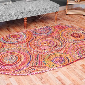 Indian Handmade Bohemian Multicolor Colorful Jute Cotton Braided Oval Rug for Living Room Decor Doormat Rug Home Decor Rugs Floor Mat