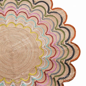 Indian Handmade Natural Scalloped Design Round Jute Rug, Bedside Round Rug, New Home Gift, Boho Home Decor, Patio Round Rug, Table Round Rug