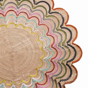 Indian Handmade Natural Scalloped Round Jute Rug Bedside Round Rug Circle Rug New Home Gift Boho Home Decor Patio Round Rug Table Round Rug