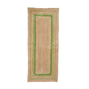 Custom Size Hand Braided Natural Jute Runner Rug with Green Border Handmade Rug Large Area Rug Boho Decor Living Room Runner Rug Home Decor