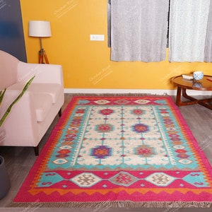 Handwoven Vintage KILIM Rug, Multicolor; Jute Rug wool rug Kilim Dhurrie; traditional Indian; Chic Victorian Hipster, Custom Rugs