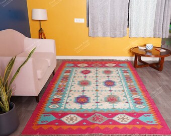 Handwoven Vintage KILIM Rug, Multicolor; Jute Rug wool rug Kilim Dhurrie; traditional Indian; Chic Victorian Hipster, Custom Rugs