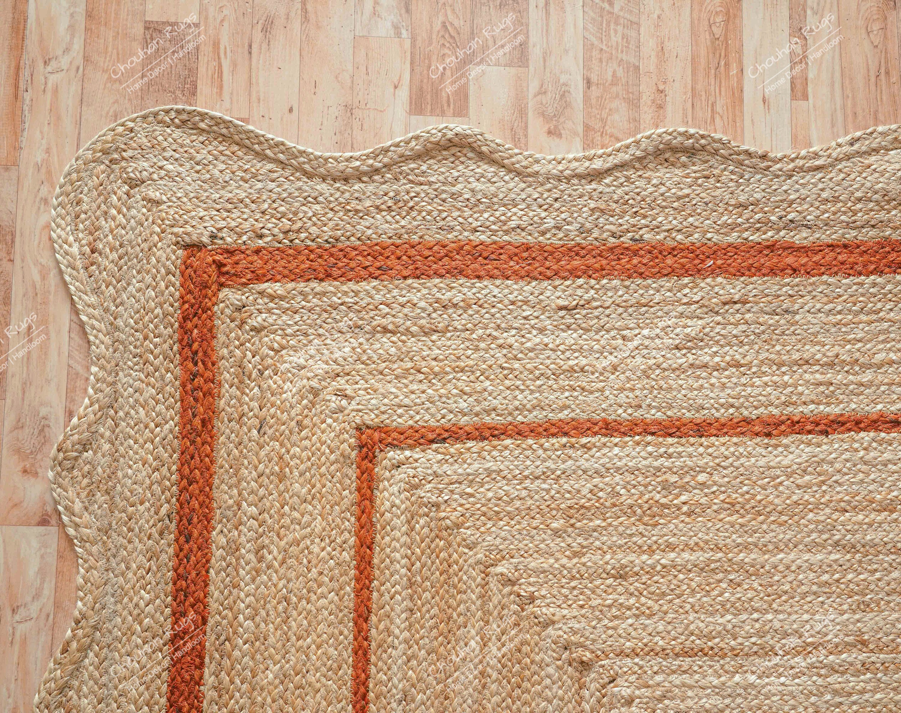 Wave Edge Rug Scalloped Hand Braided Natural Jute Rug With Orange Border, Wavy Edge ...