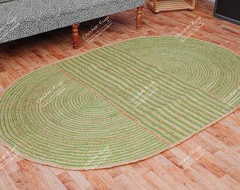 Alfombra ovalada trenzada de yute hecha a mano: decoración bohemia con rayas verdes