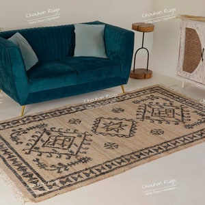 Custom Size Handmade Natural Jute Braided Rectangle Rug with Color Border Living Room Decor Bohemian Jute Carpet Area Rug for Dining Room