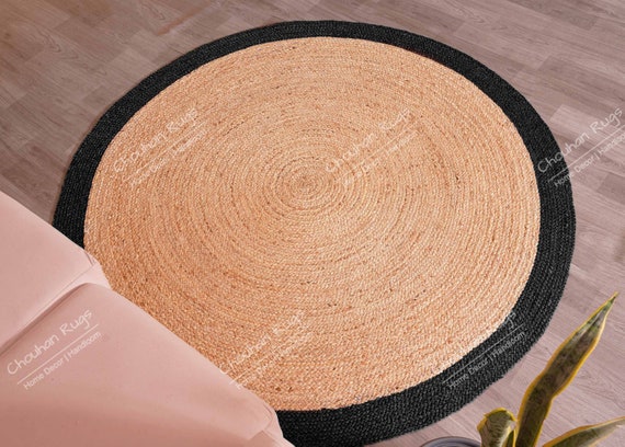 Round Jute Rug Black Border - Natural Braided Circle Rug - Eco