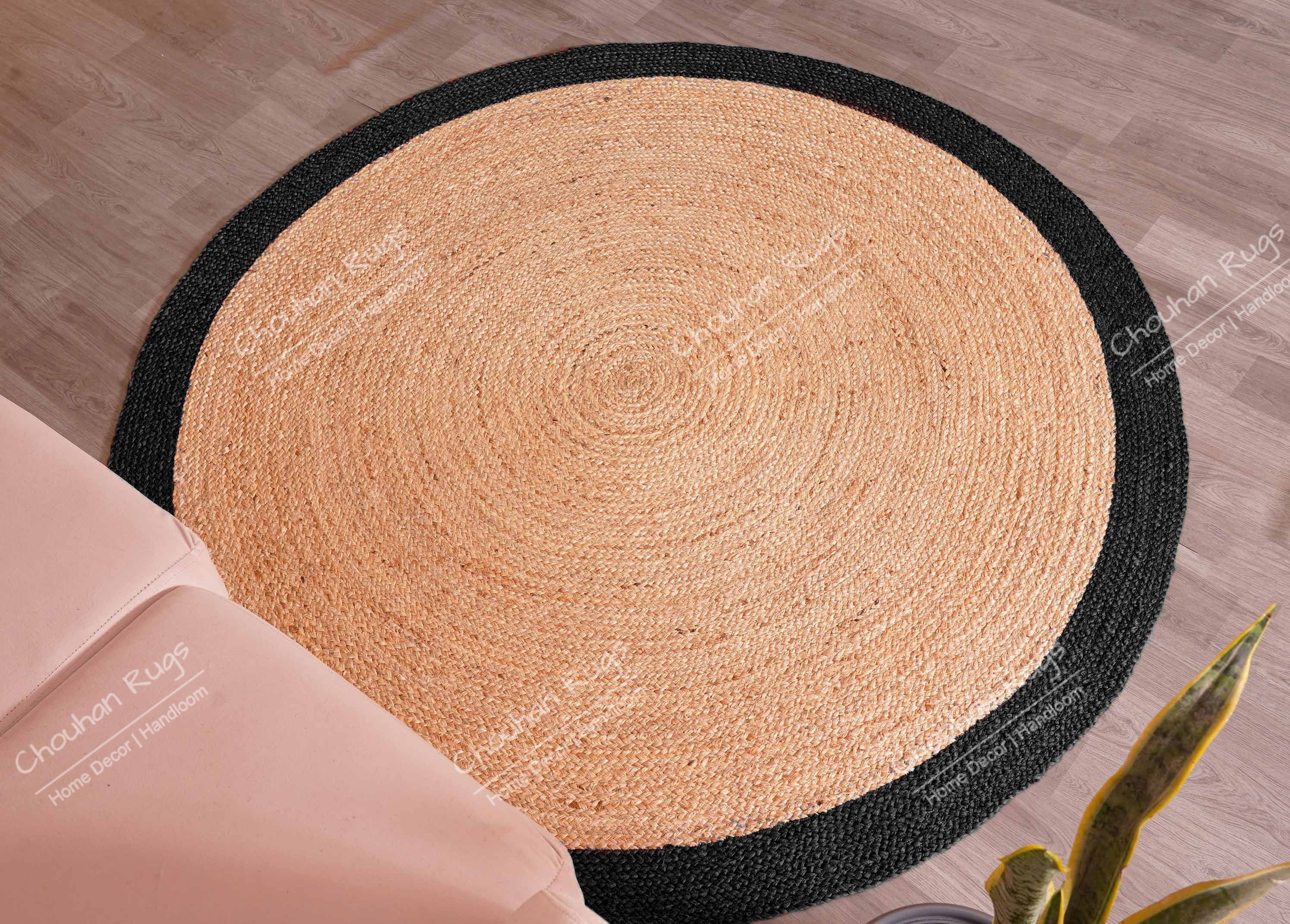 Round Jute Rug Black Border - Natural Braided Circle Rug - Eco