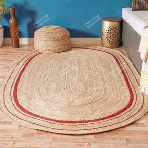 Beige with Red Border Handmade Braided Oval Jute Rug Custom Size Rug Vintage Rug Boho Home Decor Living Room Rug Large Area Rug Rag Rug
