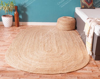 Handgeflochtener ovaler Juteteppich: Beige & Weiß, Boho Decor Handgefertigter ovaler Juteteppich, Schlafzimmerdekor, natürlicher ovaler Teppich für Küchendekor