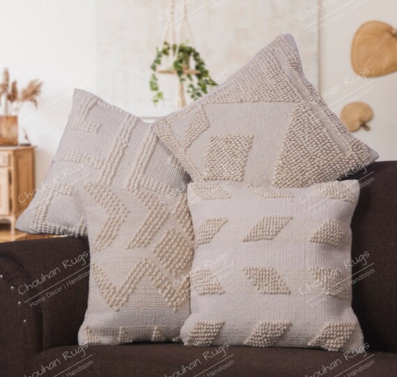 Set of 4 Cream Boho Throw Pillow Covers 18x18 Decorative Pillows for Couch  