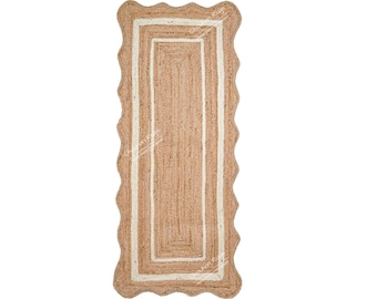 Jute Runner Rug - White Border Scalloped Runner Rug Bohemian Scallop Rug Natural Jute Rug Scalloped Jute Rug Sisal Runner Custom Rug