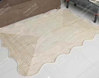 Hand Braided White And Beige Designer Scalloped Jute Rug Custom Size Rug Jute Area Rug Rag Rug