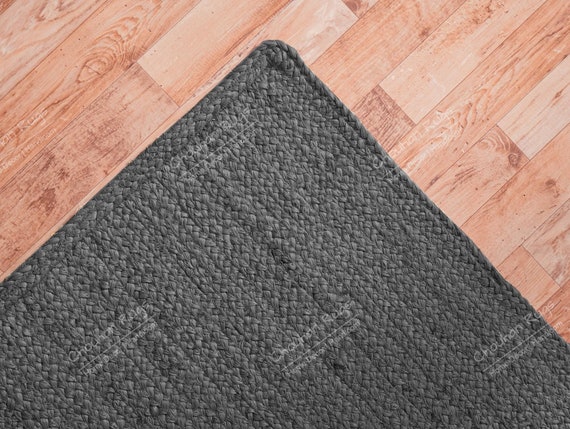 Indian Hand Braided Gray Jute Rug With Natural Border, Rectangle