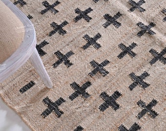 Handwoven Jute Cotton Rug, Black Cross Pattern Boho Area Rug, Farmhouse Rustic Carpet, Natural Fiber Living Room Bedroom Decor Rug
