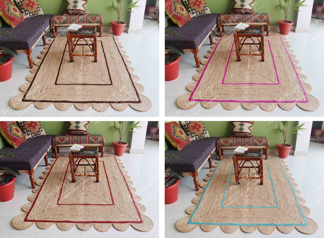 Pulse Border Rug Scalloped Handmade Natural Jute Braided Rug With Color Border Unique ...