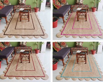 Scalloped Handmade Natural Jute Braided Rug with Color Border Unique Design Elegant and Textured Versatile Decor for Living Room or Hallway