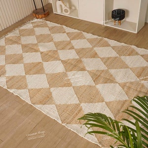 Natural Jute Fiber & Jute Cotton Hand Woven Bohemian Moroccan Inspired Rug, Nordic Scandi Rug in Beige and White Diamond Box Design