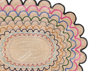 Benutzerdefinierte Größe Scalloped Oval Jute Teppich, Hand geflochtener Jute Läufer / Teppich, Eingangsbereich Läufer, Floral Fußmatte, 100% natürlicher Jute geflochtener Teppich