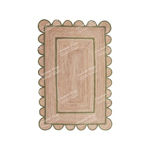 Scalloped Hand Braided Natural Jute Rug with Color Border Jute Area Rug Handmade Jute Rug