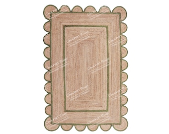 Ausgebogter Jute Teppich | Einzigartige Naturfaser-Flächenmatte | Bauernhaus Kinderzimmer Dekor | Geflochtener Juteteppich Mit Jakobsmuscheldesign Bordüre