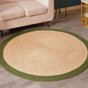 Handmade Natural Jute Braided Round Rug with Dark Green Border Home and Living Room Decor Custom Size Rug Large Round Rug Circle Area Rug