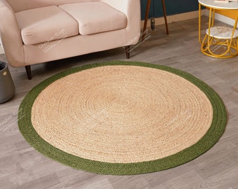 Handmade Jute Braided Round Rug, Dark Green Border