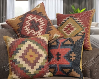 Lot de 4 oreillers en kilim vintage en jute, décoration d'intérieur, oreiller turc tissé à la main, oreiller marocain, coussin décoratif, housse de coussin en kilim, oreiller en jute