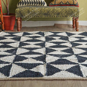 Tapis en chanvre fait main couleur blanc cassé et noir, décoration bohème, décoration de couloir en chanvre, tapis de chanvre en jute, pour maison de ferme, taille personnalisée, tapis de chanvre