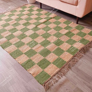 Indian Hand Woven Beige with Custom Color Wool Jute Hemp Kilim Checkboard Rug for Living room, Bedroom, Home Decor Bohemian Area Rugs