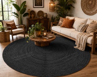 Hand-braided Black Jute Round Area Rug, Rustic Black Round Jute