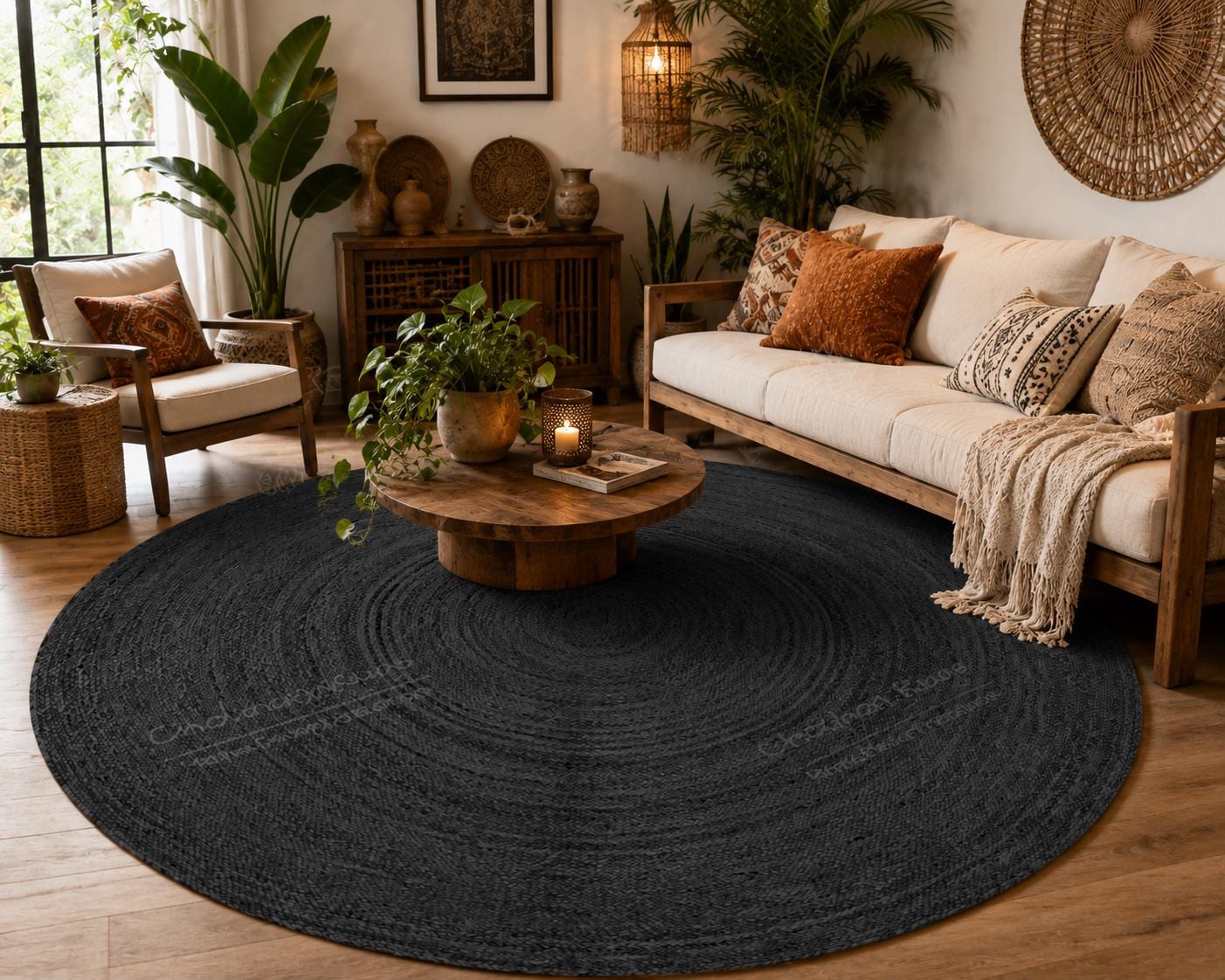 Hand-braided Black Jute Round Area Rug, Rustic Black Round Jute