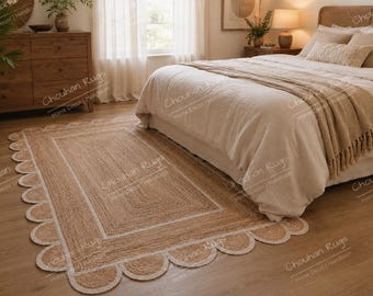Natural Jute Indian Handwoven Rug Runner Doormat Handmade Scalloped rug Turkish Rug Living Room Rug Vintage Rug Jute Carpet jute runner