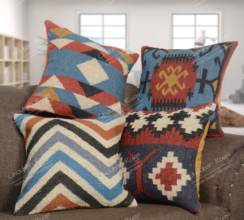 Lot de 4 oreillers en kilim vintage en jute, décoration d'intérieur, oreiller turc tissé à la main, oreiller marocain, coussin décoratif, housse de coussin en kilim, oreiller en jute image 2