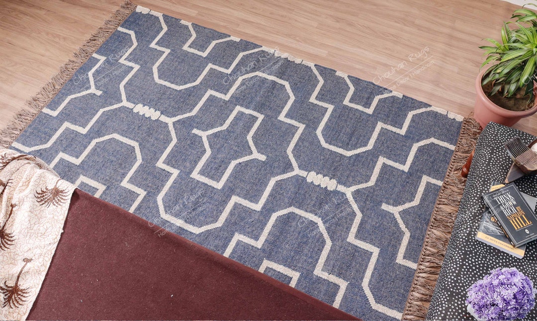 Large Moroccan Rug 8 X 10 Feet Blue With off White Design Wool Jute ...