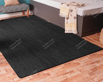 Tapete de juta preta feito à mão: decoração boho para casa, tamanho personalizado, tapete de juta trançada ecológico com fibra natural para decoração de fazenda.