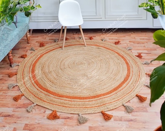 Indian Handmade Natural Jute Round Rug With Orange Border Fringes Jute Rug Yoga Mat Bohemian Rug Turkish Rug Living Room Rug Vintage Rug