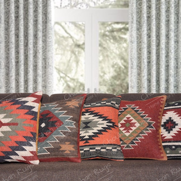 Set of 5 Wool jute Vintage Kilim Pillows, Home Decor, Handwoven Turkish Pillow Covers, Decorative Throw Pillow, Kilim Cushion Covers