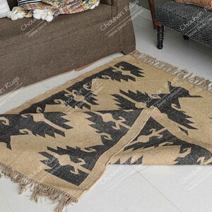 Handgjord kelimmatta i ulljute: Svart och beige Dhurrie, vintage halldekor ulljutematta, stor matta, plattvågig kelimmatta bild 7