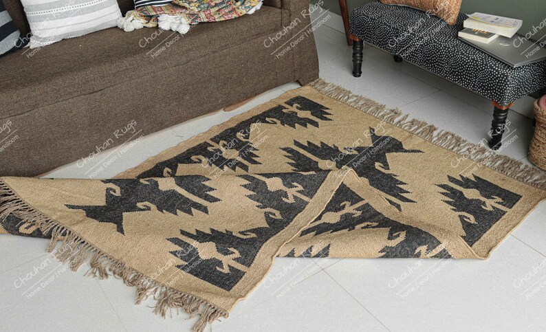Handgjord kelimmatta i ulljute: Svart och beige Dhurrie, vintage halldekor ulljutematta, stor matta, plattvågig kelimmatta bild 7